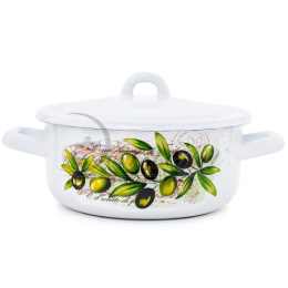 Кастрюля эмалированная  1,45л цилиндрическая с металл. крышкой с декором Оливы Тосканы Эстет ЭТ-72117