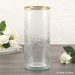 Ваза для цветов стеклянная цилиндр h-24см d-10см прозрачная с золотой каймой, б/уп WRD-112/730400