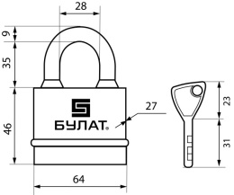 Замок навесной Булат ВС 3-Н65 ПЛ всепогодный, 5 ключей, d-9мм (36,6) Булат 42027