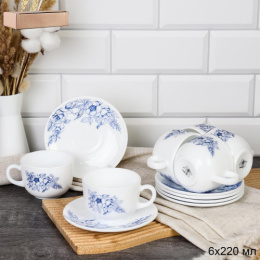 Набор чайный стеклокерамический 12 предметов 220мл Цветы кобальт, в картон/к White Lily GRAY-CB210/GD55 (7367)