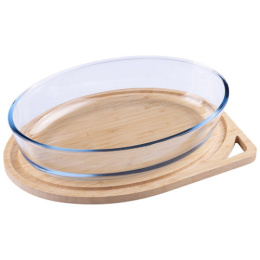 Форма для запекания стеклянная жаропрочная овальная с бамбуковой крышкой 3 в 1 Cristallino 32x23x7см 2,4л Mallony 108342